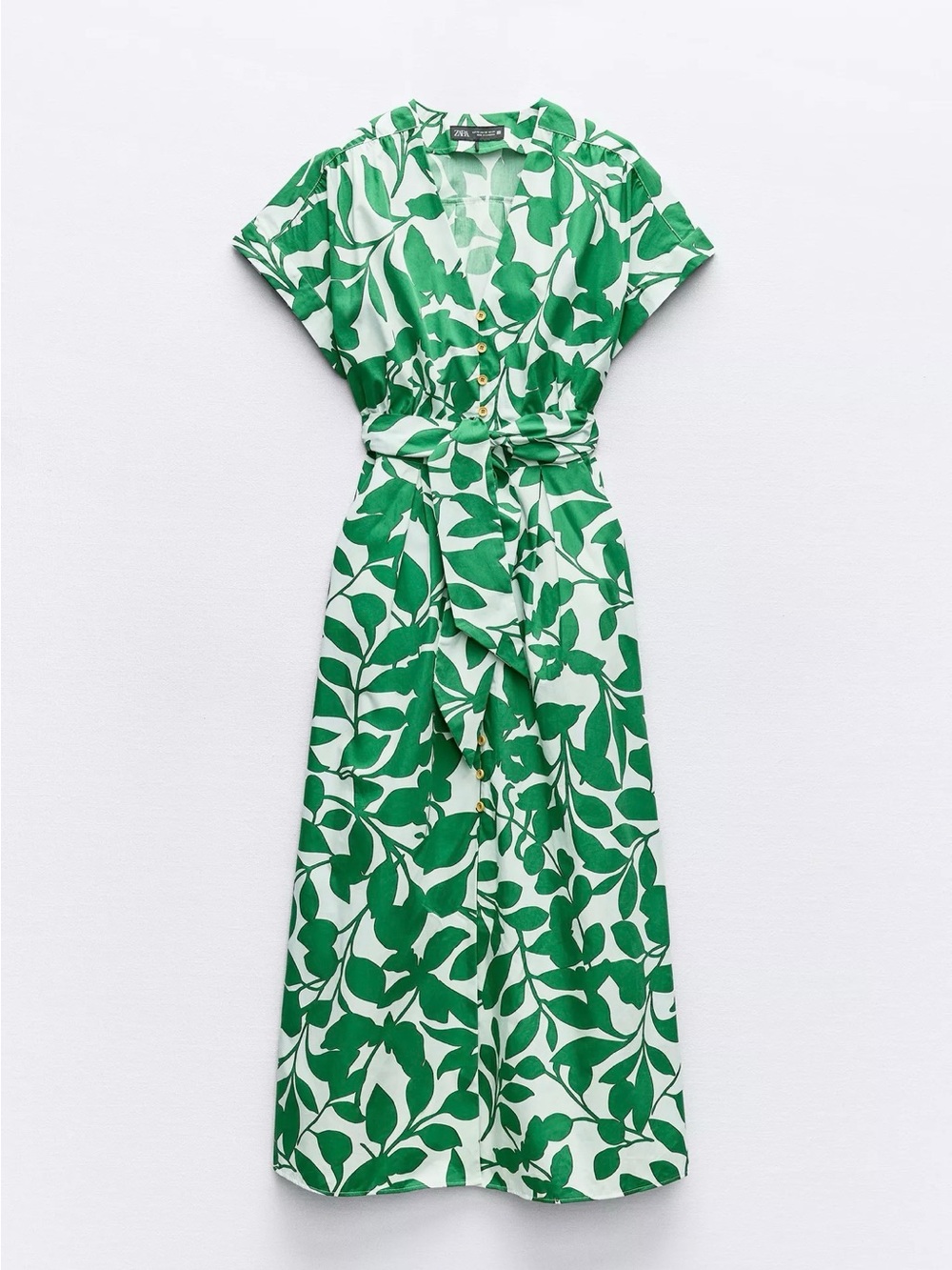 Zara Green and White Leaf-Print Midi Dress